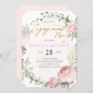 Spring Pink Roses Peony Gold Foil Engagement Party Einladung