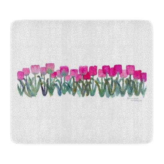 Spring Pink Tulips Glass Cutting Board 6"x7" Schneidebrett (Vorderseite)