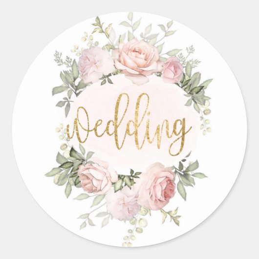 Spring Pink Watercolor Rose Peony Gold Hochzeit Runder Aufkleber (Vorderseite)