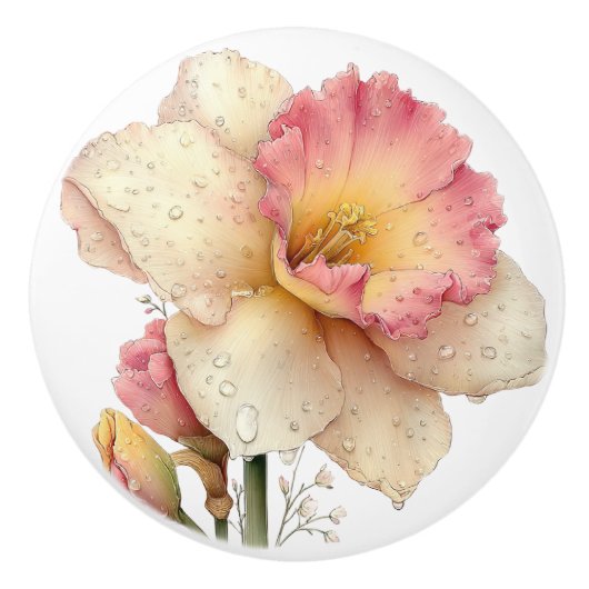 Spring Pink Yellow Daffodil Keramikknauf (Vorderseite)