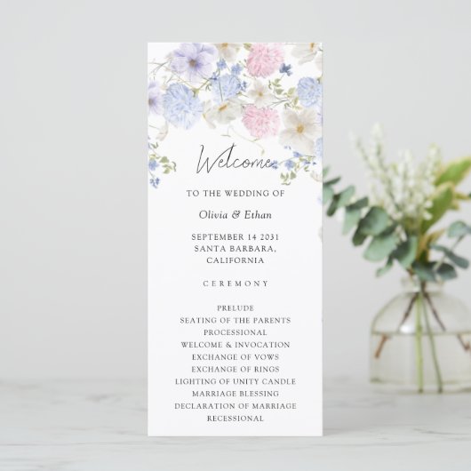 Spring Purple And Pink Wildflowers Wedding Program (Stehend Vorderseite)