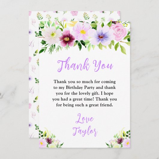 Spring Purple Floral Birthday Party Dankeskarte (Vorne/Hinten)