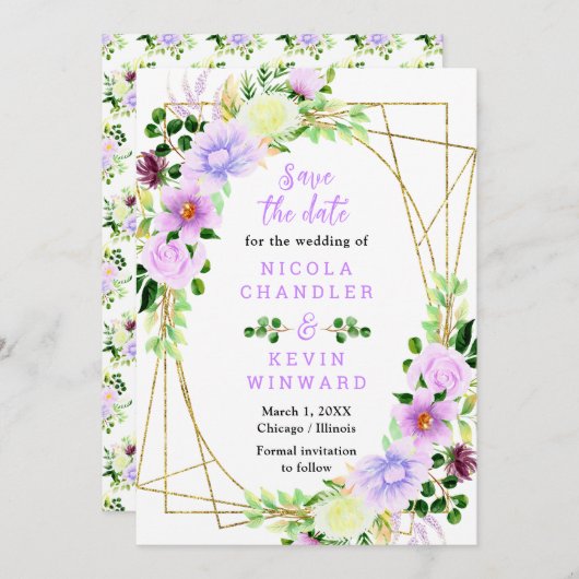 Spring Purple Flowers with Foliage Save The Date (Vorne/Hinten)