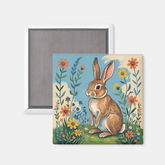 Spring Rabbit with Wildflowers Magnet (Vorderseite/Rückseite)