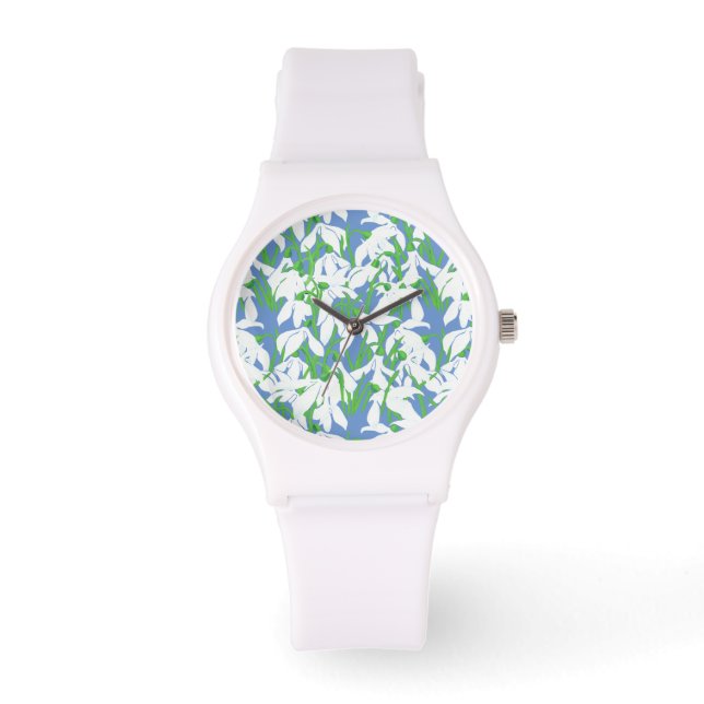 Spring Snowdrop Blume Muster auf Pulverblau Armbanduhr (Vorderseite)