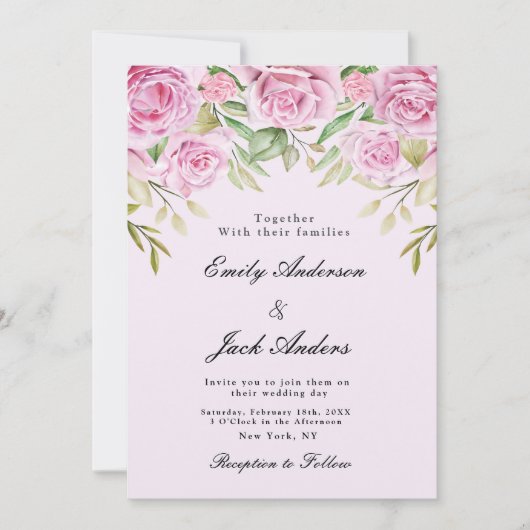 Spring Soft Pink Floral elegante Hochzeit Einladung (Vorderseite)