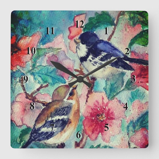 Spring Sparrows Wall Clock Painting Quadratische Wanduhr (Vorderseite)