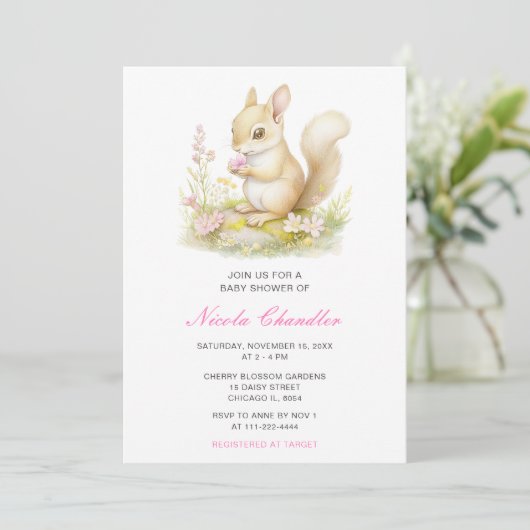 Spring Squirrel Baby Dusche Einladung (Stehend Vorderseite)