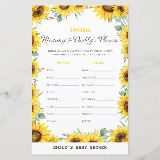 Spring Sunflower Baby Shower Game DRUCKT (Vorderseite)