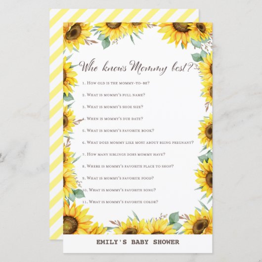 Spring Sunflower Baby Shower Game DRUCKT (Vorne/Hinten)