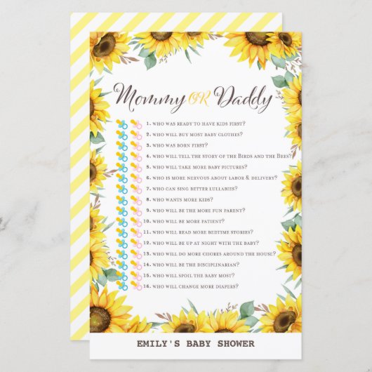 Spring Sunflower Baby Shower Game DRUCKT (Vorne/Hinten)