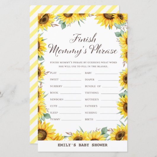 Spring Sunflower Baby Shower Game DRUCKT (Vorne/Hinten)