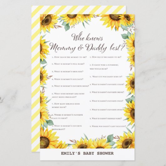 Spring Sunflower Baby Shower Game DRUCKT (Vorne/Hinten)