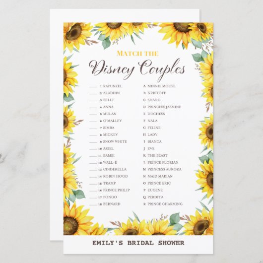 Spring Sunflower Brautparty Game DRUCKT (Vorne/Hinten)