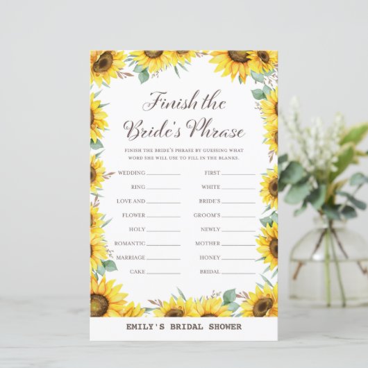 Spring Sunflower Brautparty Game DRUCKT (Stehend Vorderseite)