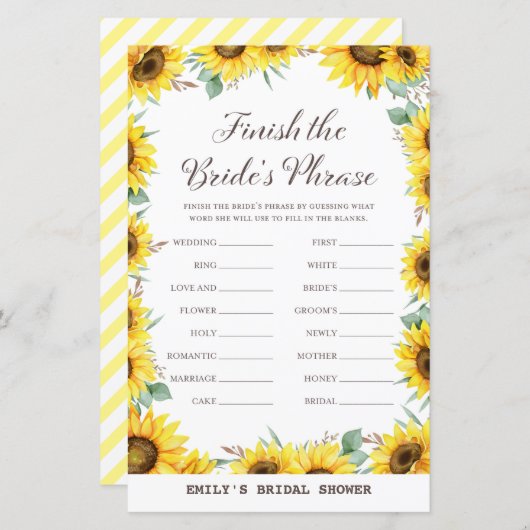 Spring Sunflower Brautparty Game DRUCKT (Vorne/Hinten)