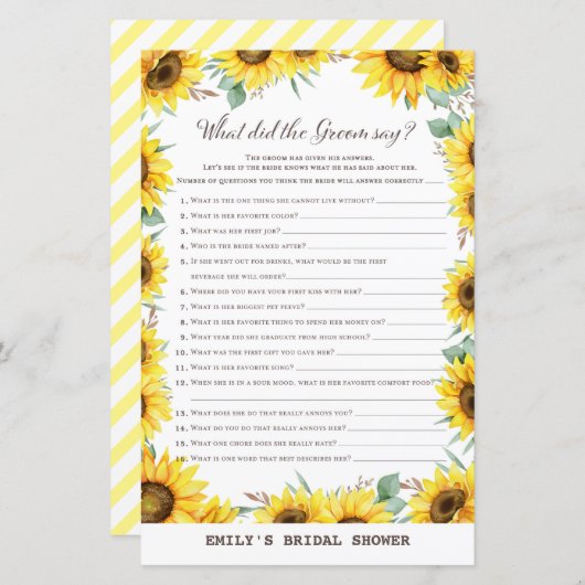 Spring Sunflower Brautparty Game DRUCKT (Vorne/Hinten)