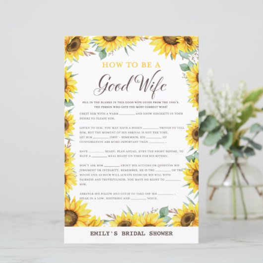 Spring Sunflower Brautparty Game DRUCKT (Stehend Vorderseite)