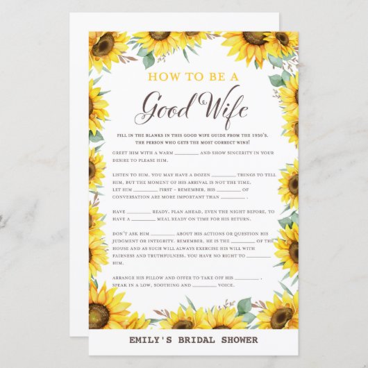 Spring Sunflower Brautparty Game DRUCKT (Vorne/Hinten)