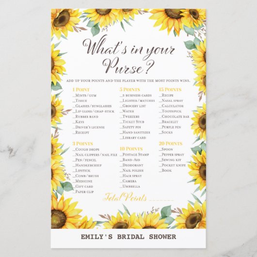 Spring Sunflower Brautparty Game DRUCKT (Vorderseite)