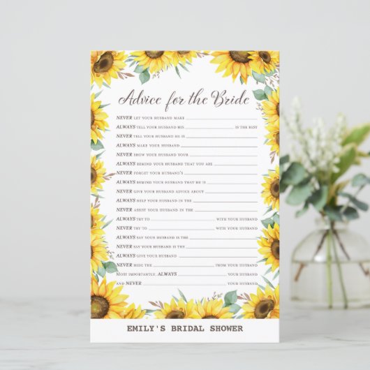 Spring Sunflower Brautparty Game DRUCKT (Stehend Vorderseite)