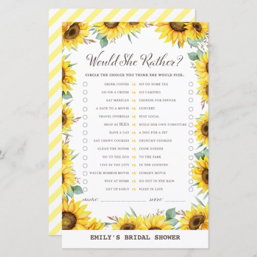 Spring Sunflower Brautparty Game DRUCKT (Vorne/Hinten)