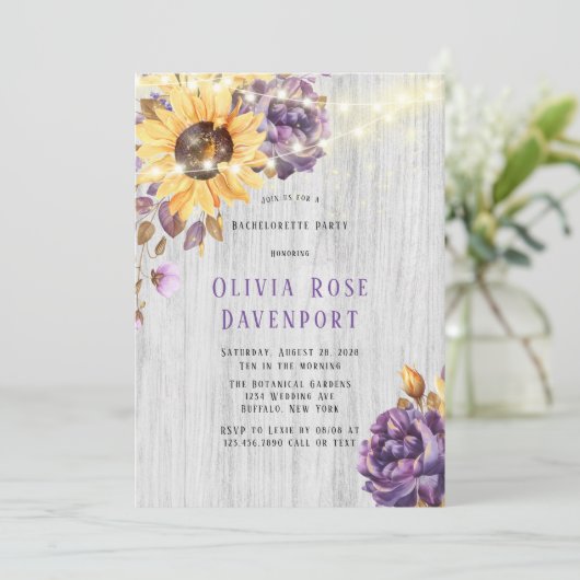 Spring Sunflower Lila Peony Junggeselinnen-Abschie Einladung (Stehend Vorderseite)
