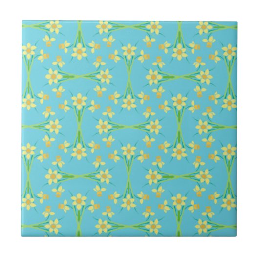Spring Sunshine Daffodils Sky Blue Keramik Tile Fliese (Vorderseite)