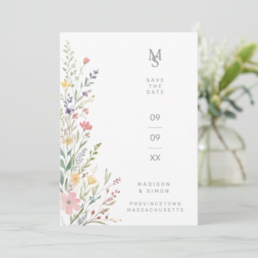Spring Sweet Wildflowers Branches Wedding Gray Save The Date (Stehend Vorderseite)