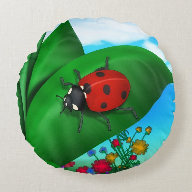 Spring Time Lady Bug Rundes Kissen (Vorderseite)
