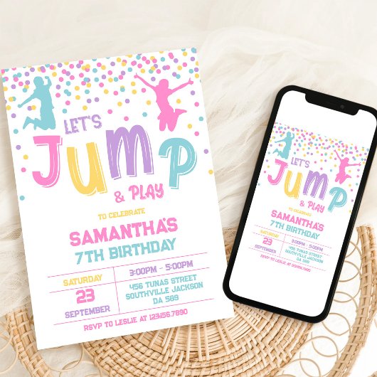 Spring Trampolin Sprünge Party Kinder Geburtstag Einladung