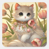 Spring Tulip Cat Quadratischer Aufkleber (Vorderseite)