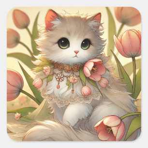 Spring Tulip Cat Quadratischer Aufkleber