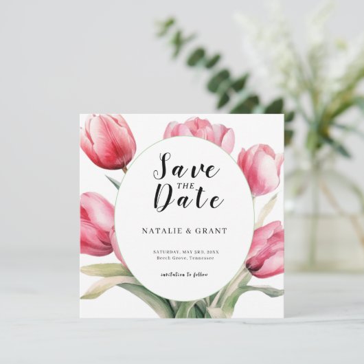 Spring Tulip Wedding Save The Date (Stehend Vorderseite)