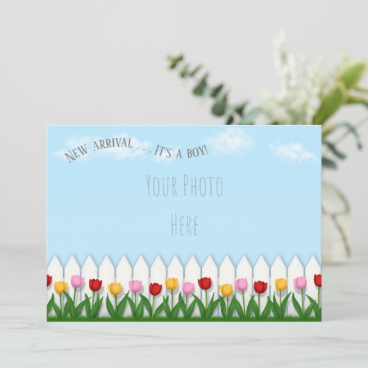 Spring Tulips White Picket Zaun Custom Foto Ankündigung (Stehend Vorderseite)