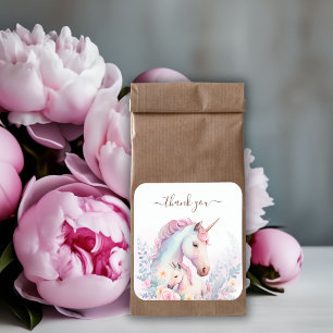 Spring Unicorn Watercolor Babydusche Danke Quadratischer Aufkleber