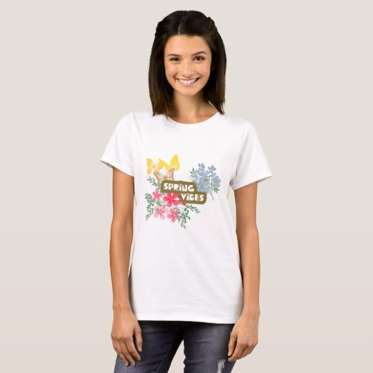 Spring Vibes Season farbenfrohe Blume & Schmetterl T-Shirt (Vorne ganz)