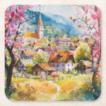 Spring Village Rechteckiger Pappuntersetzer<br><div class="desc">A Watercolour Village in Springtime</div>