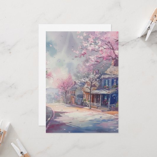 Spring Village Scene Hello Flat Karte (Vorderseite/Rückseite Beispiel)