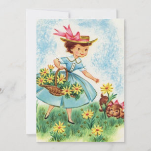 Spring Vintag Girl and Puppy Picking Blume Feiertagskarte