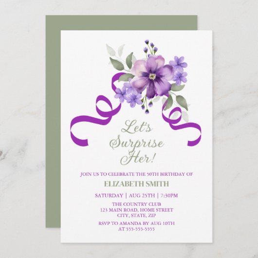 Spring Violet Flower Greenery Surprise Birthday Einladung (Vorne/Hinten)