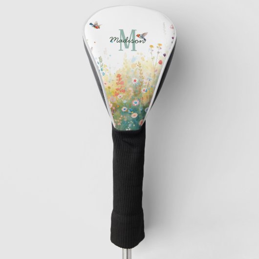 Spring Watercolor Birds Floral Monogram Wildflower Golf Headcover (Vorderseite)