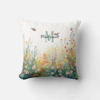 Spring Watercolor Birds Floral Monogram Wildflower Kissen