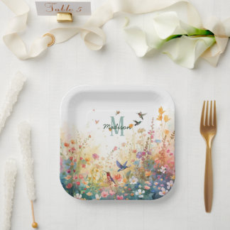 Spring Watercolor Birds Floral Monogram Wildflower Pappteller