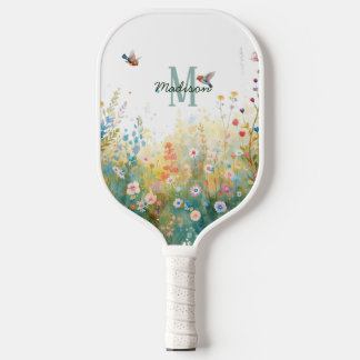 Spring Watercolor Birds Floral Monogram Wildflower Pickleball Schläger