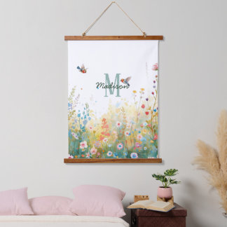 Spring Watercolor Birds Floral Monogram Wildflower Wandteppich Mit Holzrahmen