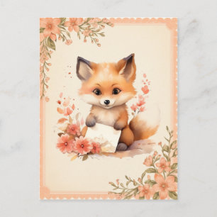 Spring Watercolor Fox mit einem Buchstaben - Postkarte