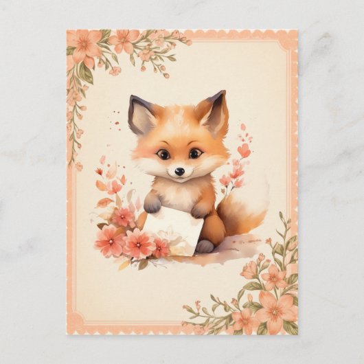 Spring Watercolor Fox mit einem Buchstaben - Postkarte (Vorderseite)
