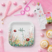Spring Watercolor ladybug Floral Monogram Wildflow Pappteller (Party)