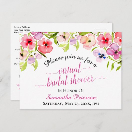 Spring Watercolor Stiefmütterchen Virtual Brautpar Einladungspostkarte (Vorne/Hinten)
